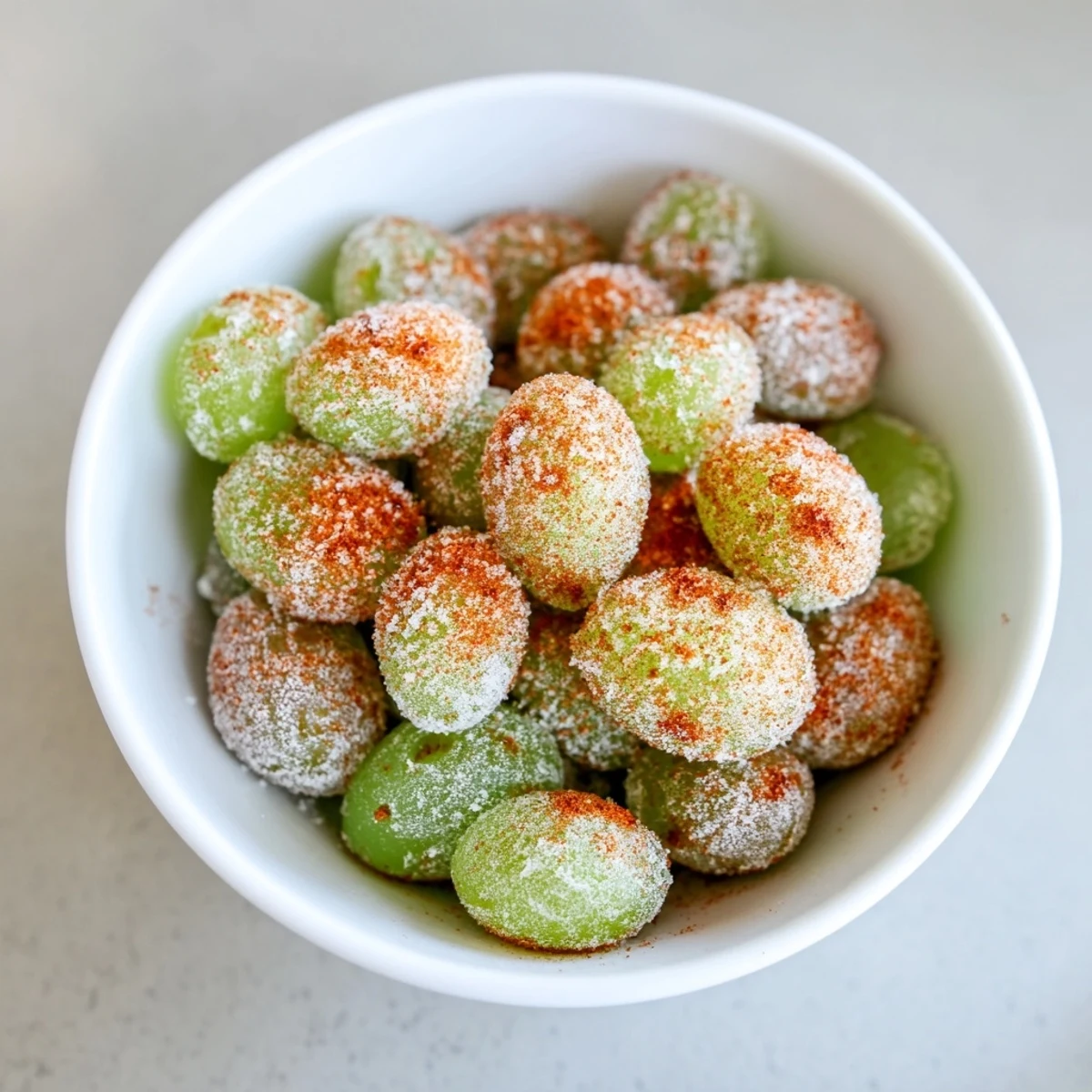 Green grapes dusted with tangy Tajín spice mixture arranged on parchment paper for freezing