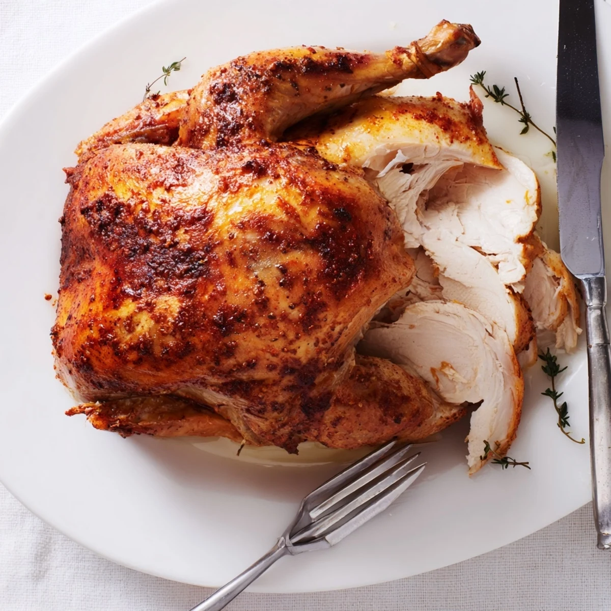Whole roasted rotisserie chicken with glistening herb-spiced skin ready for family dinner serving