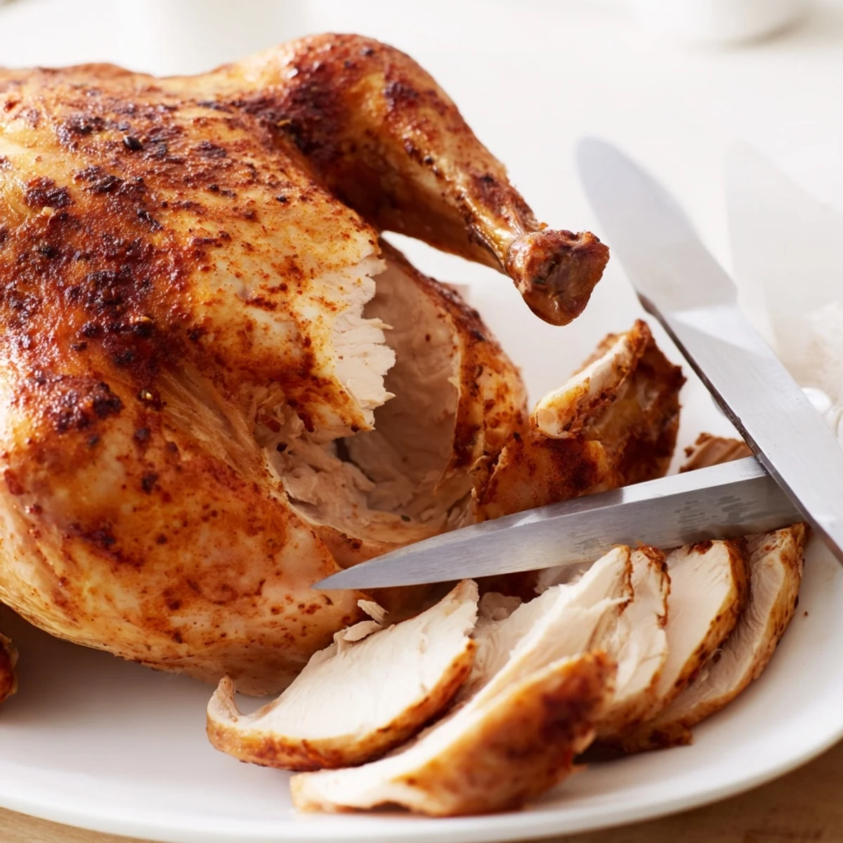 Golden brown juicy rotisserie chicken with crispy seasoned skin resting on a carving board