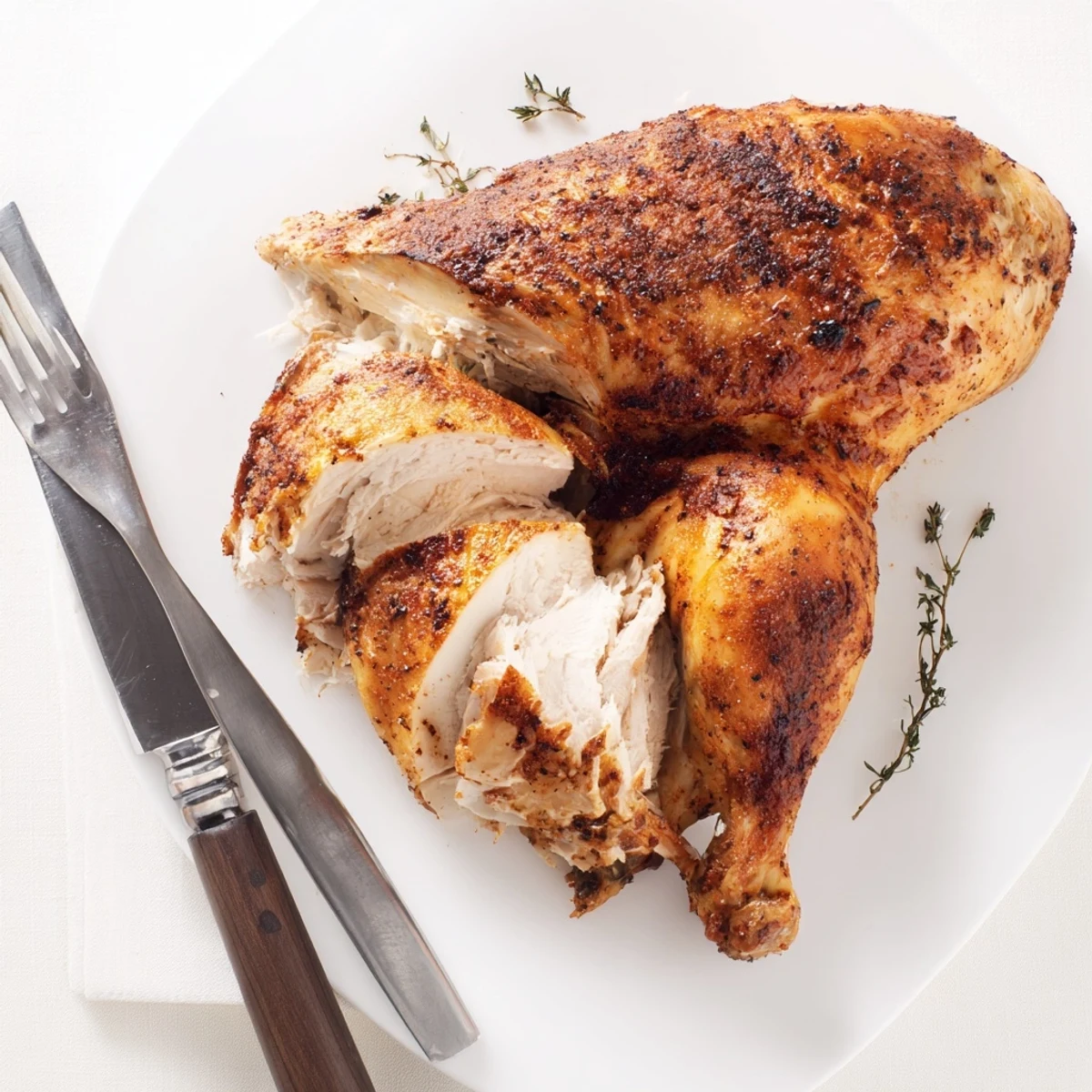Tender juicy rotisserie chicken displaying perfectly browned skin and aromatic lemon garlic seasoning