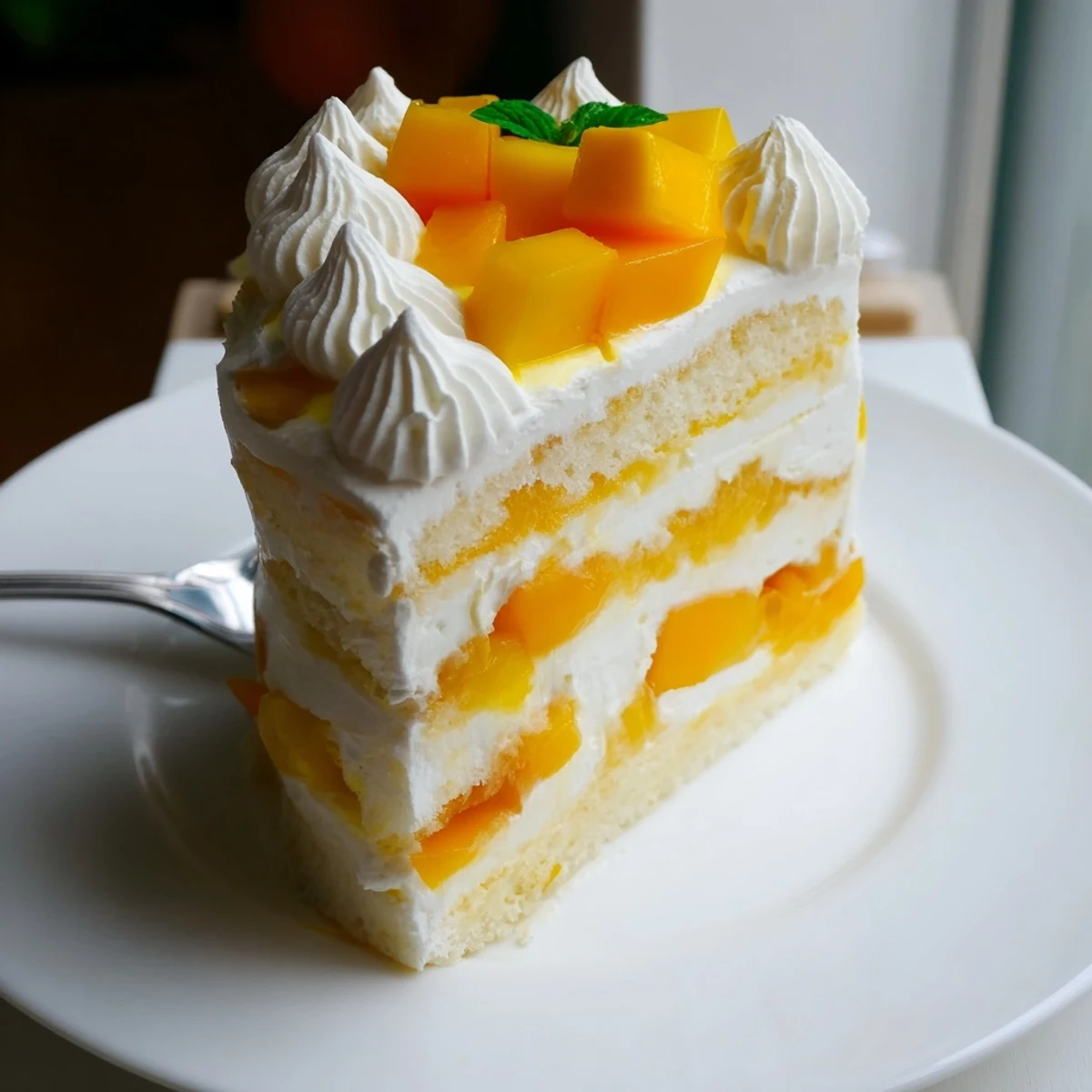 Elegant mini mango yuzu Chantilly cake featuring golden sponge, tangy citrus curd, and sweet mango topping