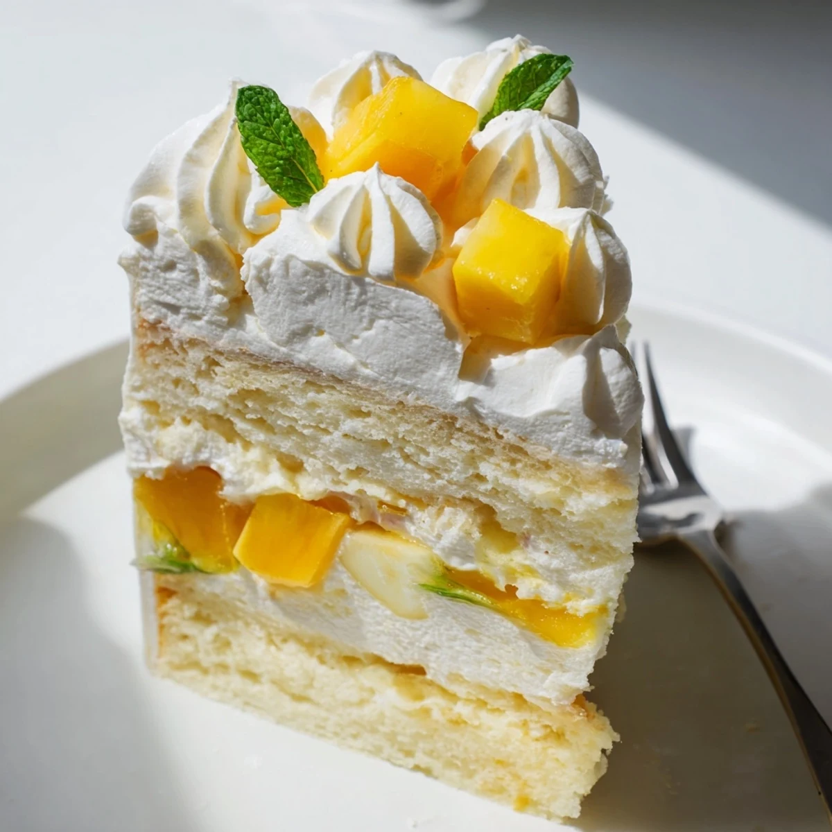 Mini mango yuzu Chantilly cake with fluffy cream layers and fresh tropical mango cubes on white plate