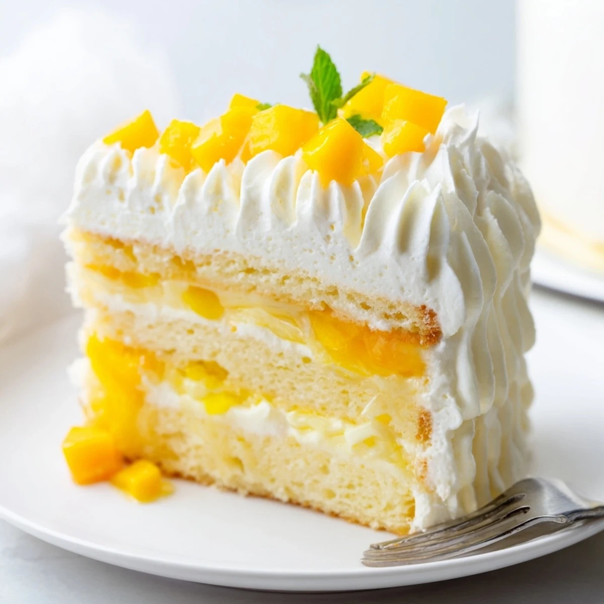 French-Japanese mini mango yuzu Chantilly cake stacked with whipped cream and garnished with mint leaves