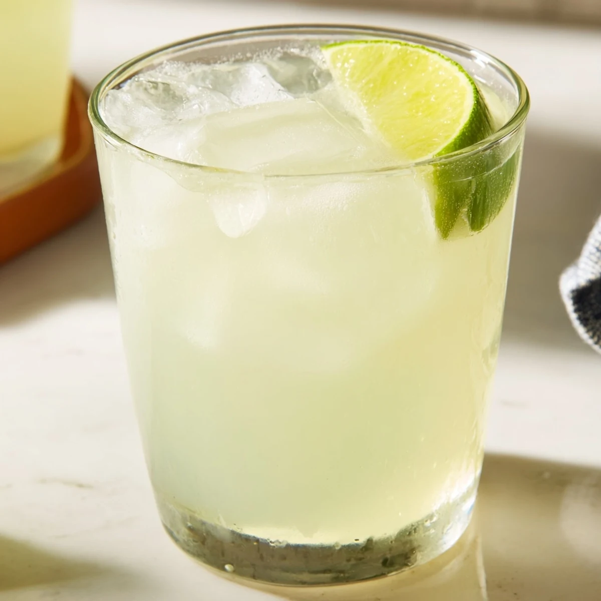 Glass of refreshing creamy Brazilian lemonade on wooden table surrounded by quartered fresh limes and ice