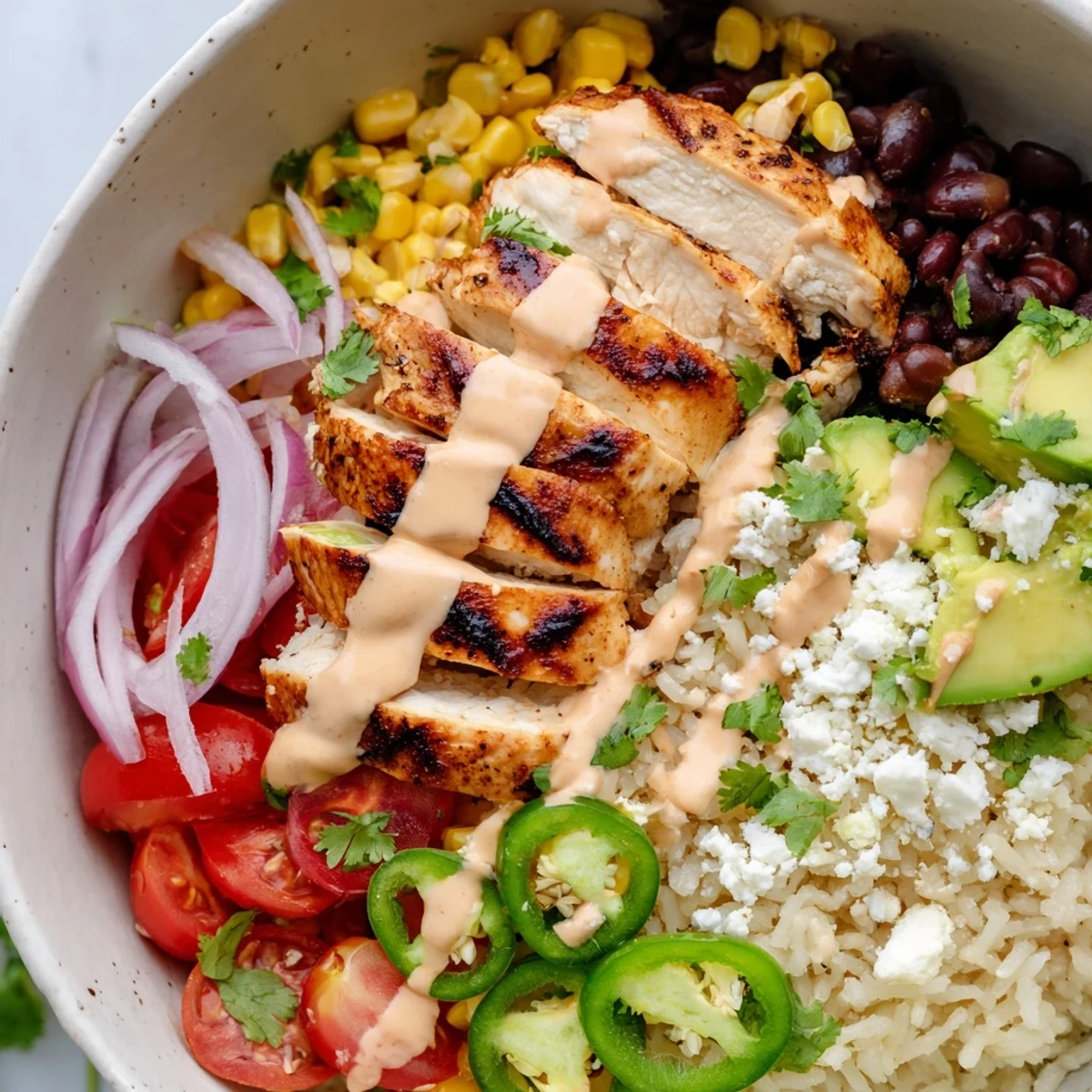Vibrant ultimate Baja style chicken bowl featuring juicy spiced chicken with fresh veggies and creamy chipotle dressing