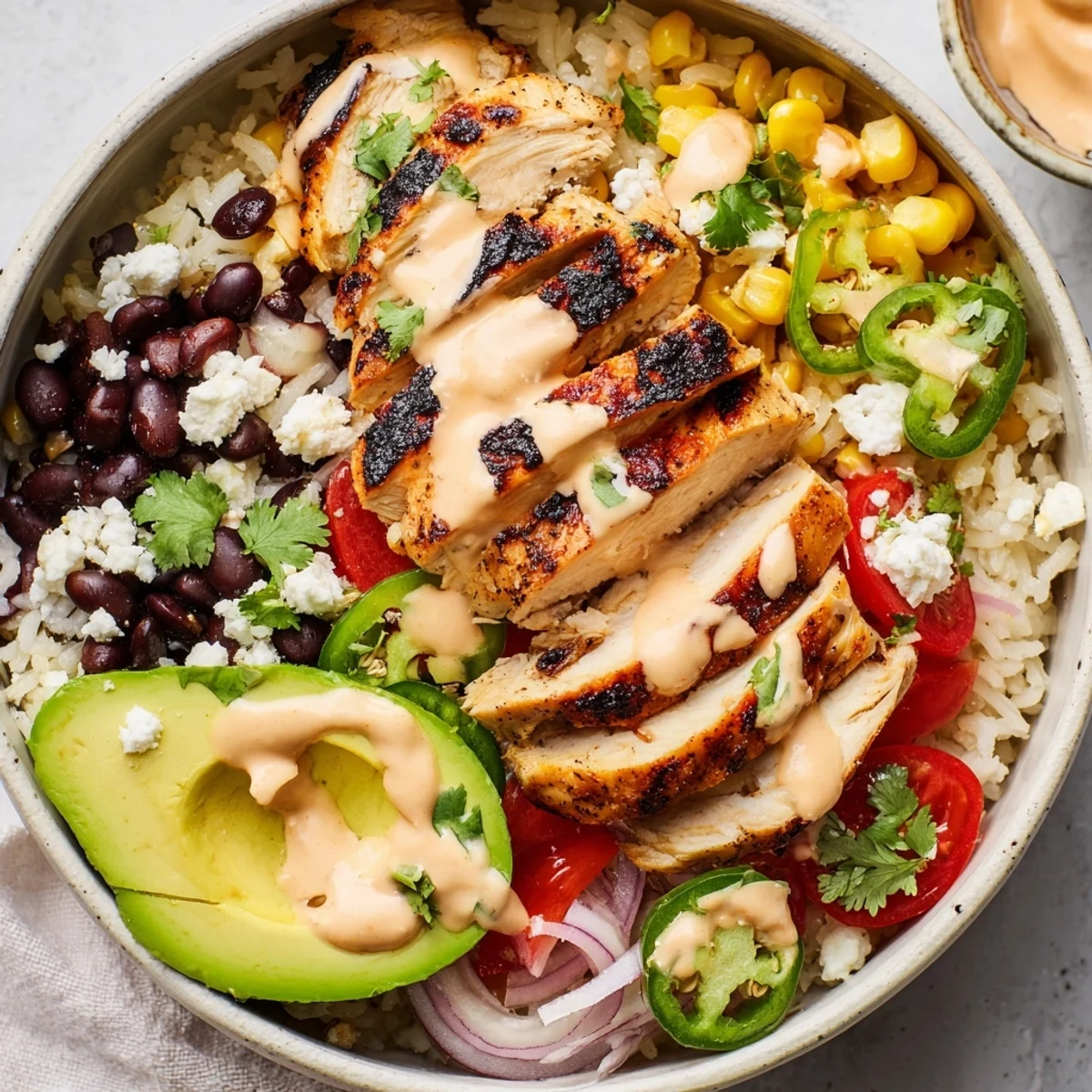 Colorful Baja style chicken bowl with grilled chicken, avocado, corn and drizzled chipotle crema over lime rice