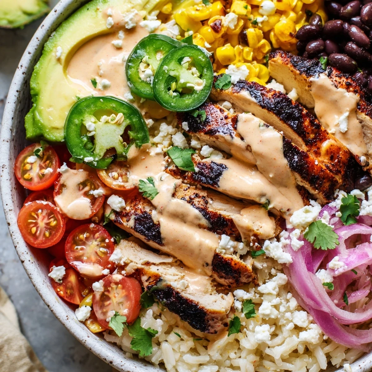 Delicious Baja style chicken bowl packed with grilled chicken, black beans, avocado slices and zesty cilantro lime rice