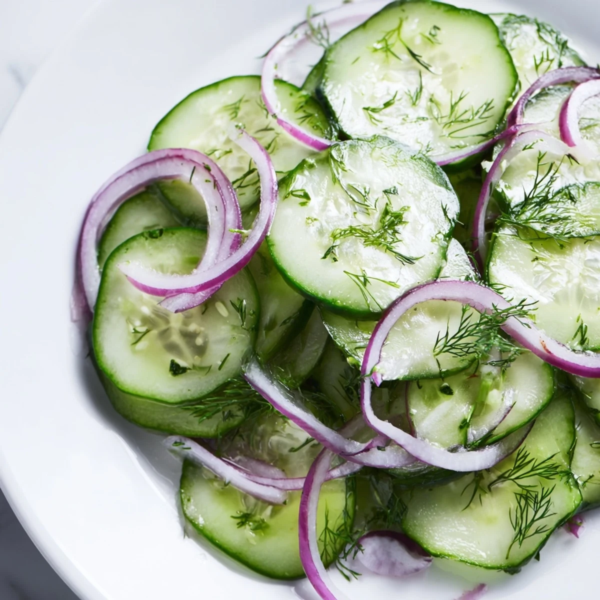 Refreshing easy cucumber salad topped with green dill and crisp red onion slices