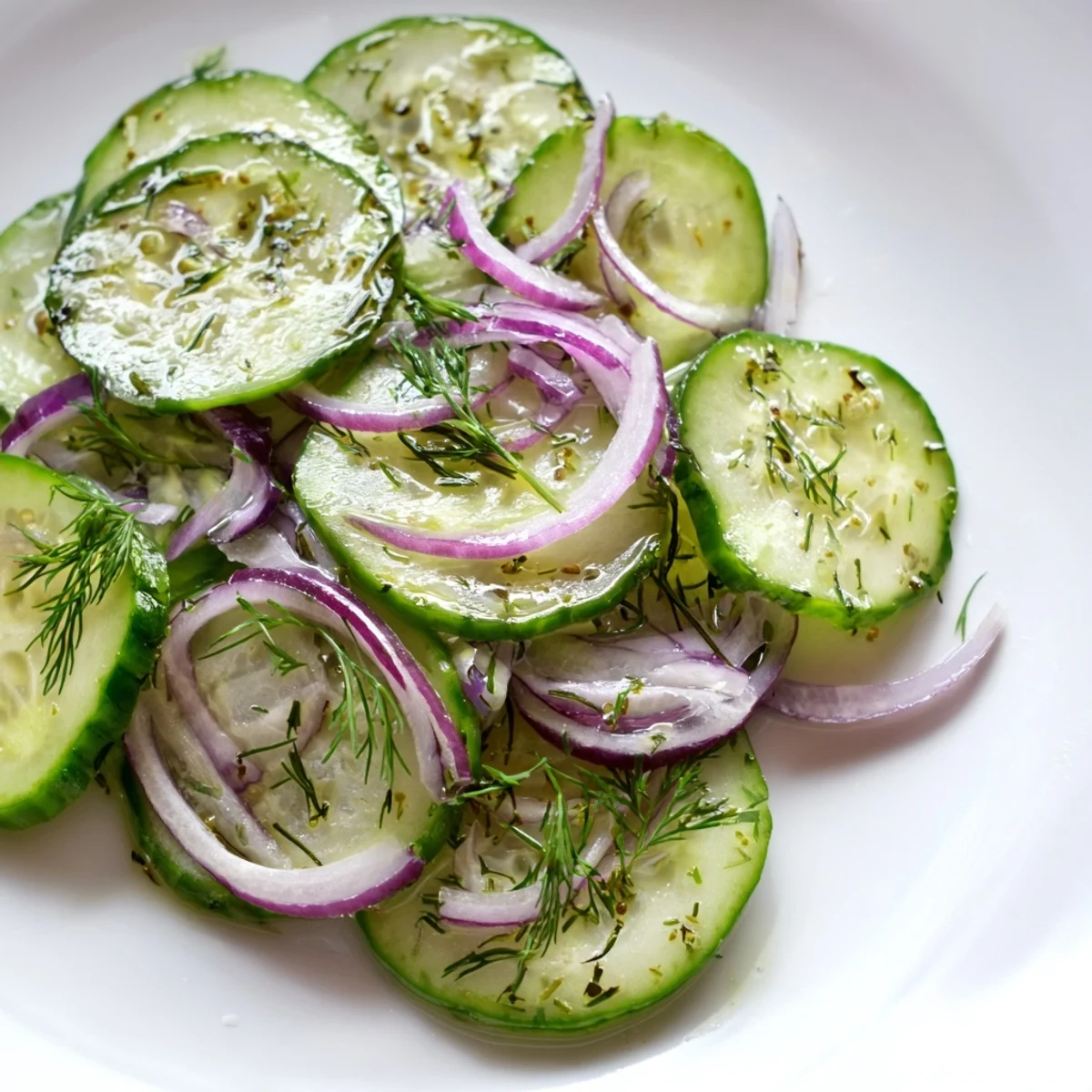 Light and crisp easy cucumber salad bowl drizzled with tangy olive oil dressing