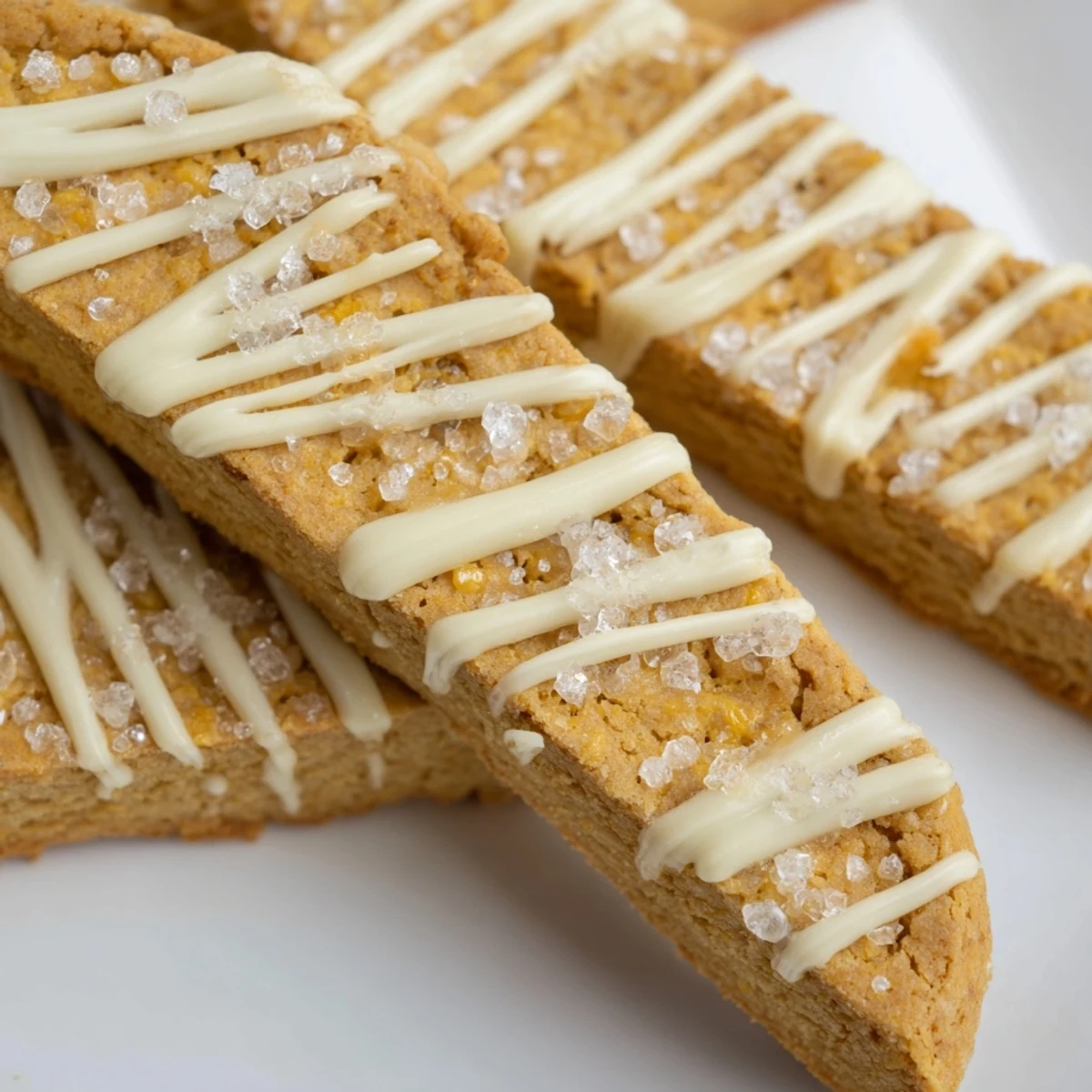 Crisp buttery biscotti logs dusted with sparkling sugar ready for holiday coffee dipping