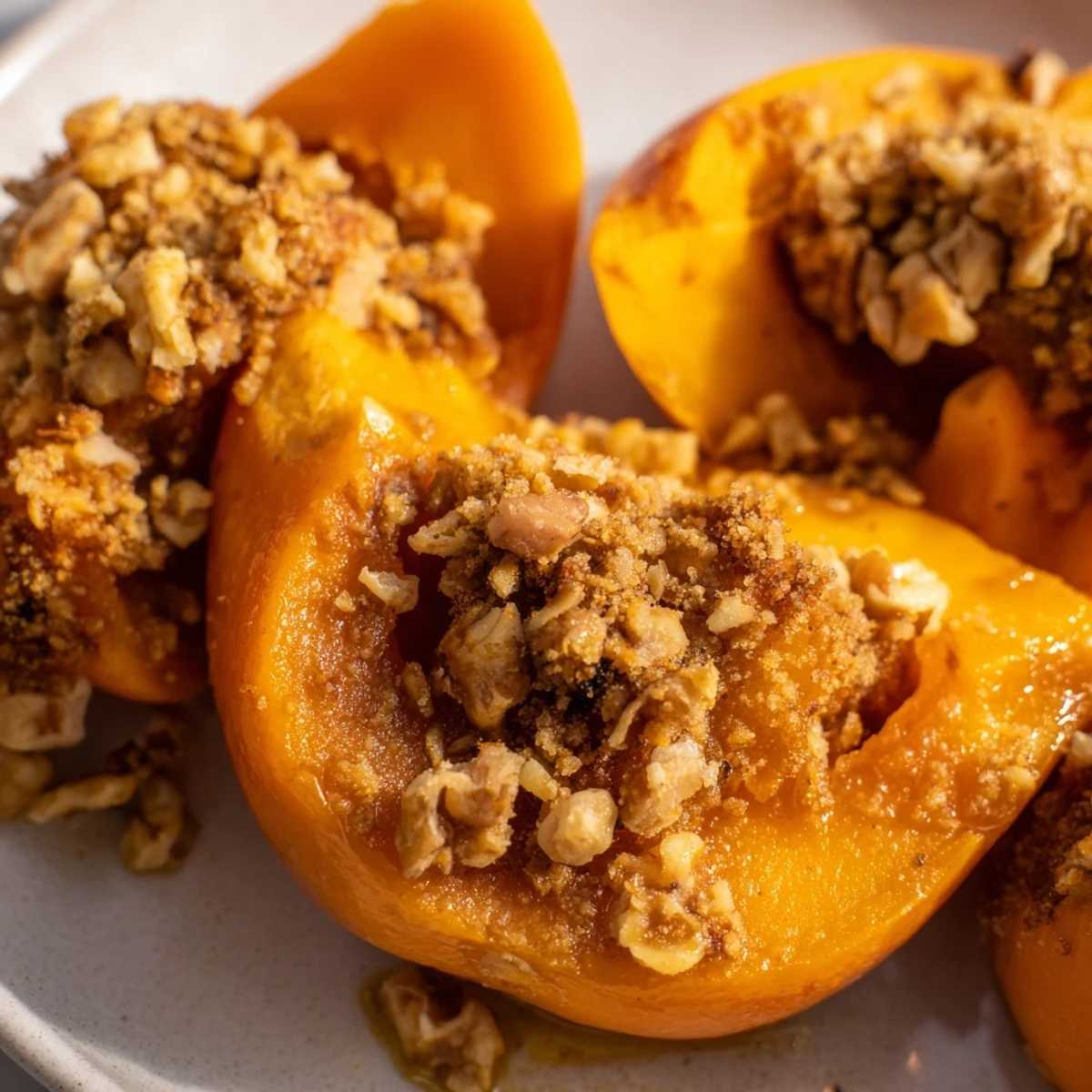 Golden baked persimmon halves topped with spiced oat crumble, served warm in a white baking dish