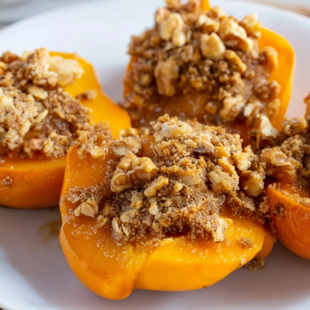 Tender roasted persimmons with caramelized edges and crunchy brown sugar oat topping sprinkled with chopped nuts