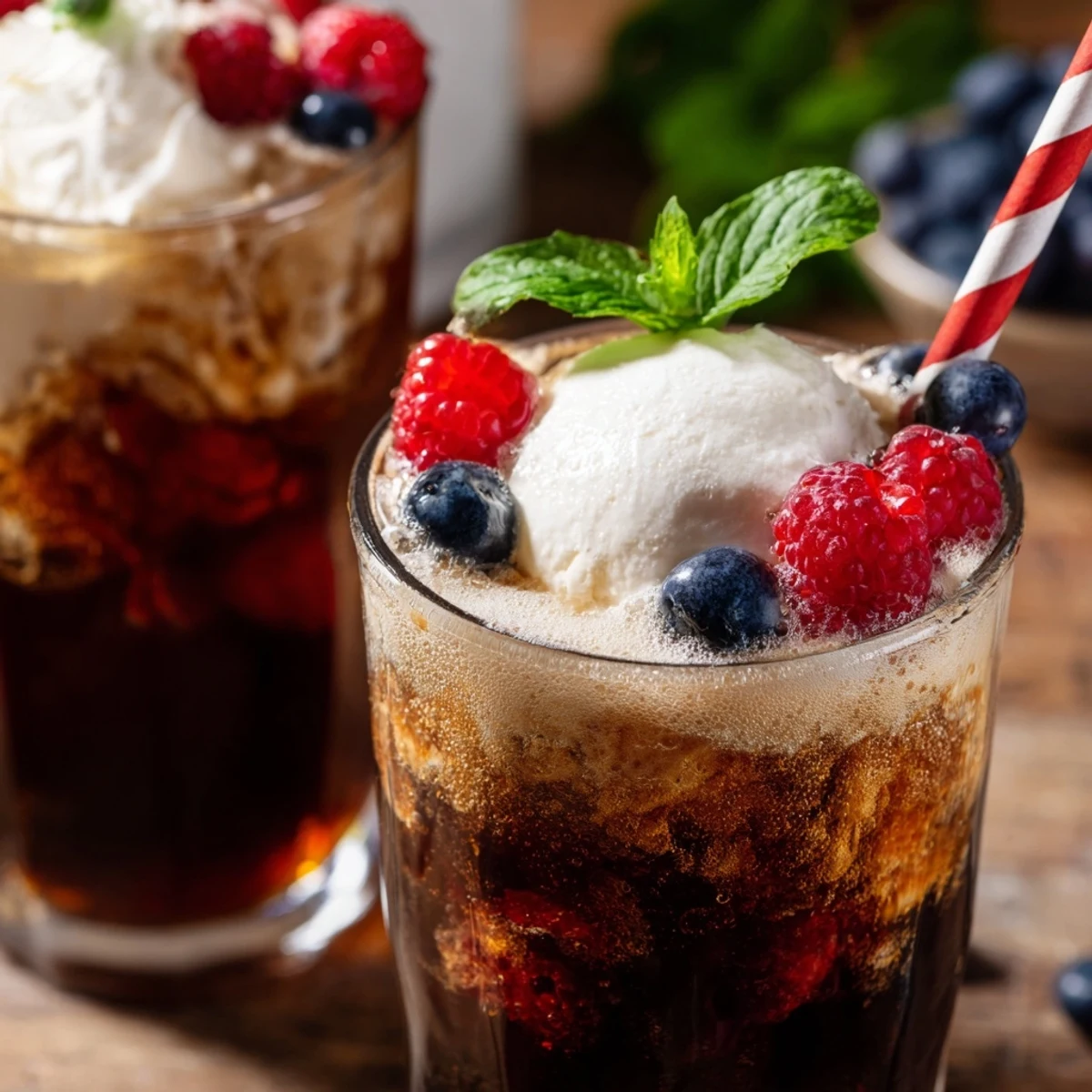 Garnished tall glass filled with creamy Rebel ice cream and sugar-free root beer creating fizzy foam