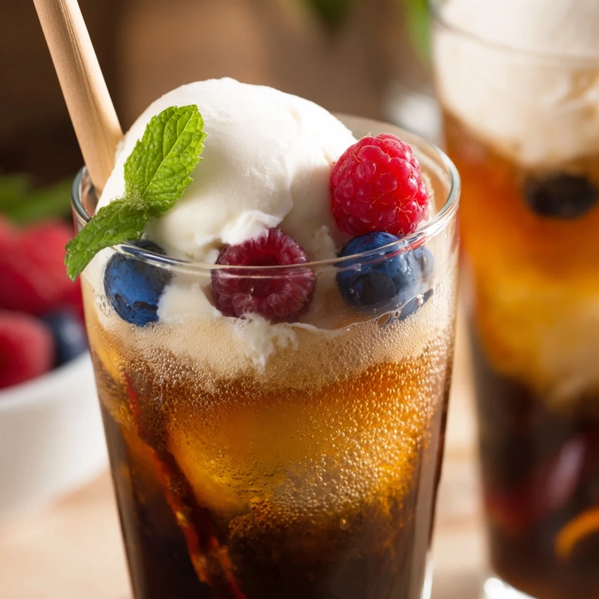 Keto-friendly Rebel ice cream float with rising bubbles served in tall glass with spoon and straw