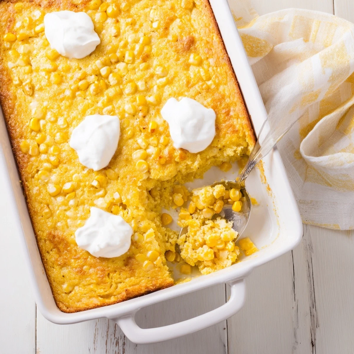 Golden brown Jiffy corn casserole with creamy corn kernels baked to perfection