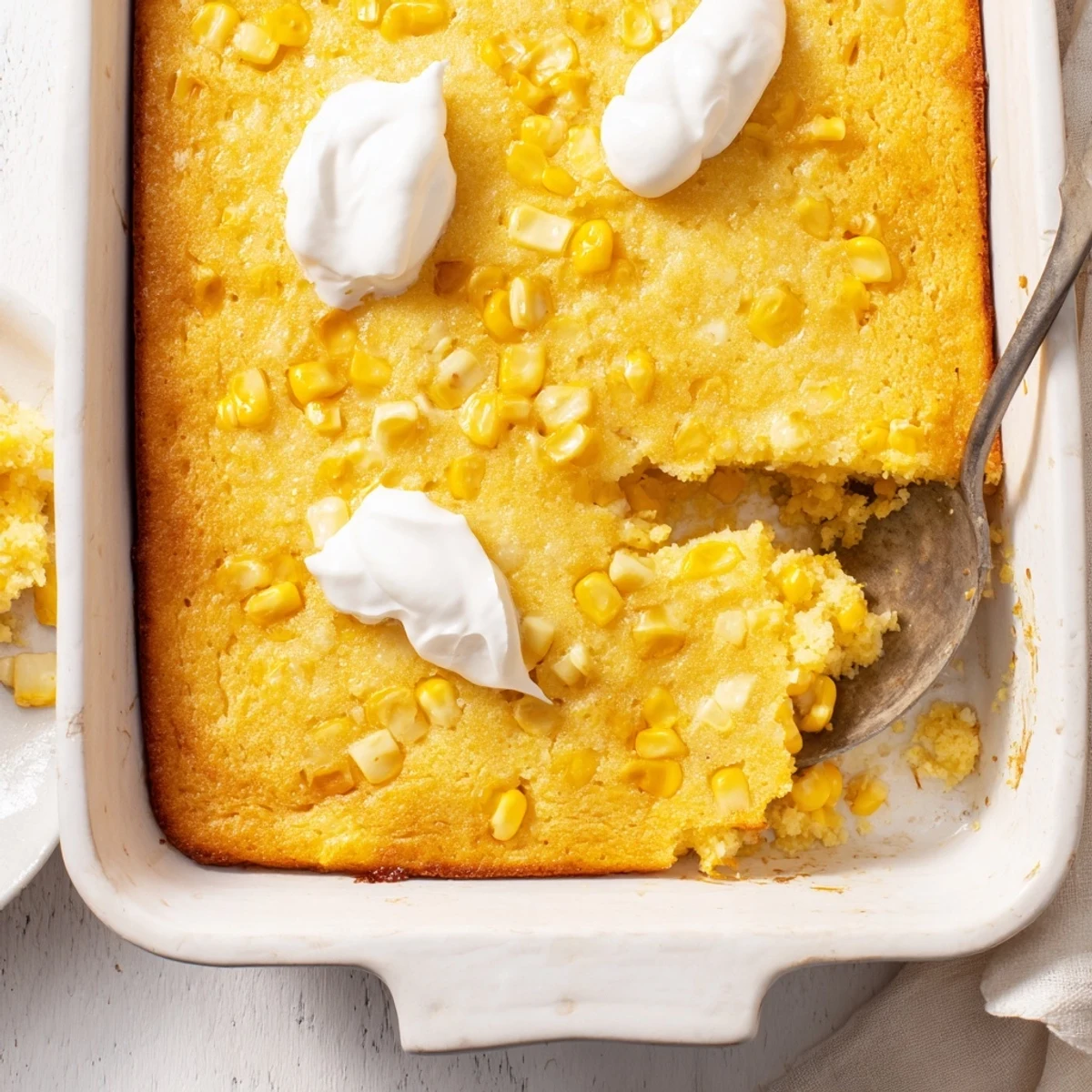 Creamy Southern style corn casserole topped with golden crust and melted cheddar cheese