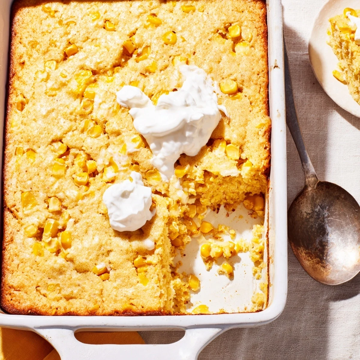 Spoonful of sweet corn casserole made with Jiffy mix sour cream and butter
