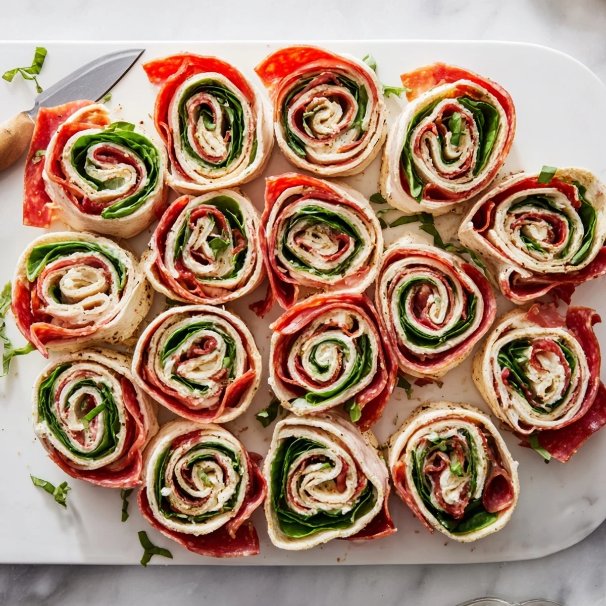 Spiral Italian pinwheels featuring layers of salami, ham, provolone and roasted red peppers rolled in flour tortillas