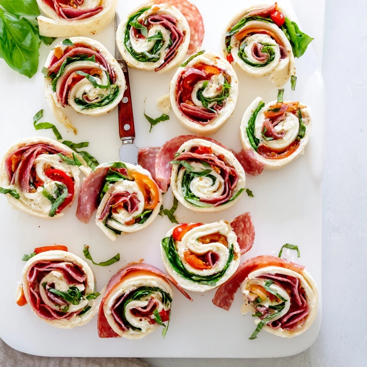 Colorful appetizer platter of Italian pinwheels filled with cured meats, cheese, and fresh herbs on a white serving dish