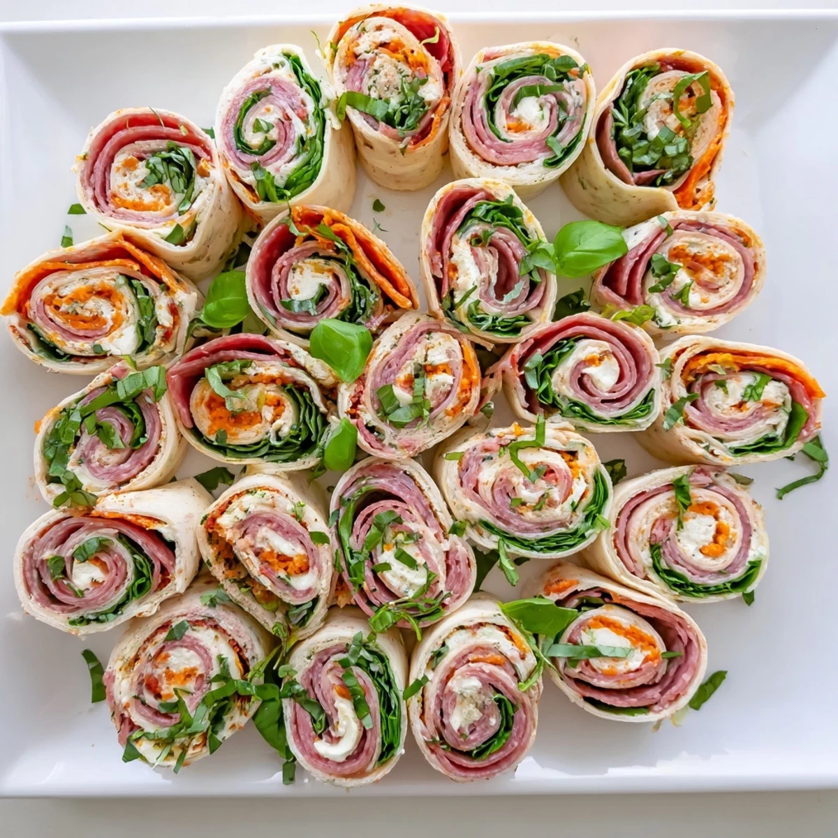 Sliced tortilla roll-ups displaying Italian pinwheels with cream cheese, spinach, pepperoni and garnished with fresh parsley