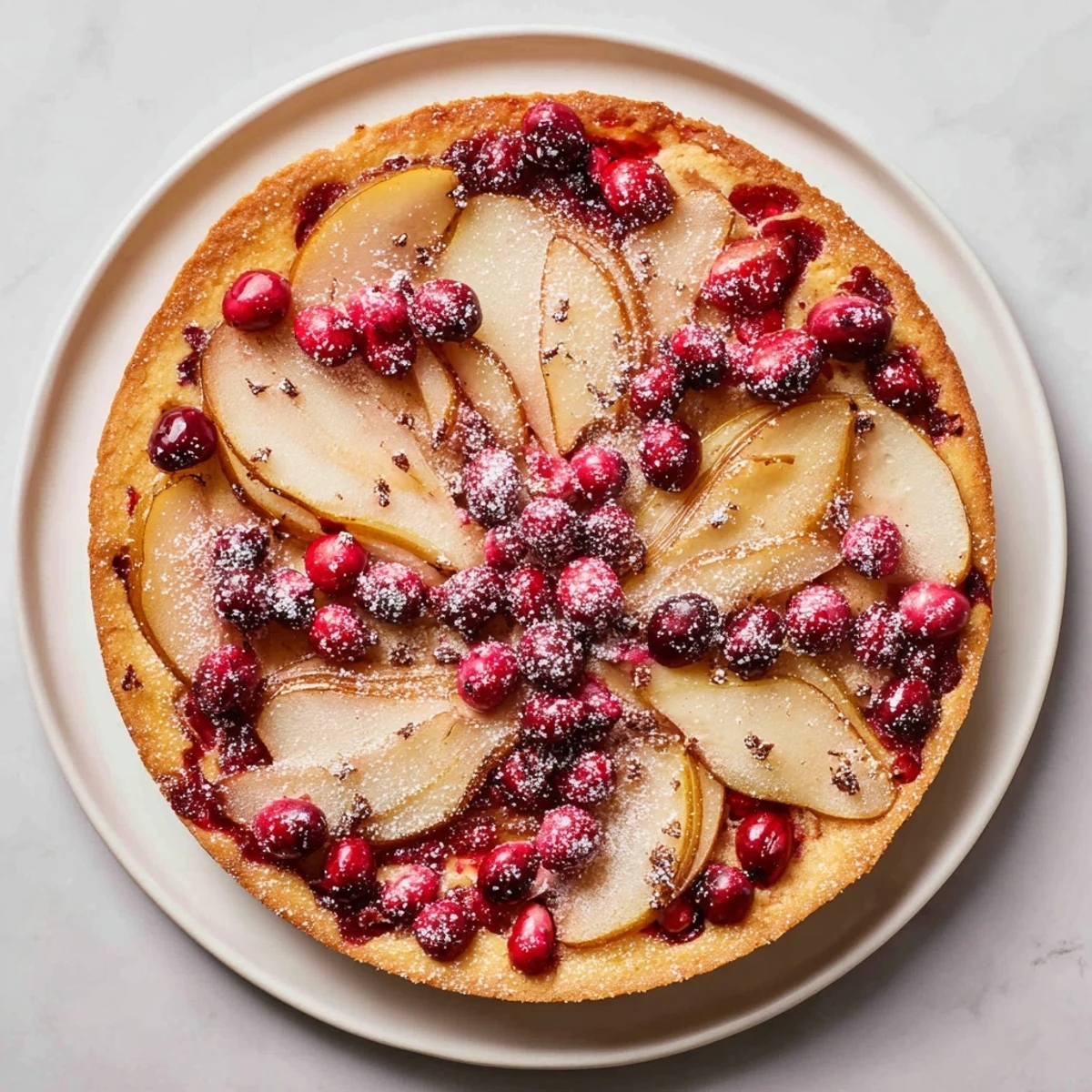 Golden buttery cranberry tart with pears arranged on a flaky crust for holiday dessert