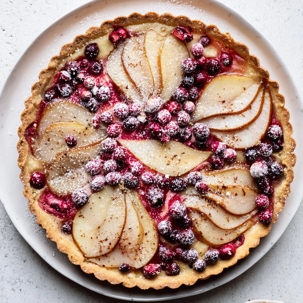 Rustic pear and cranberry tart sprinkled with coarse sugar after baking until bubbly