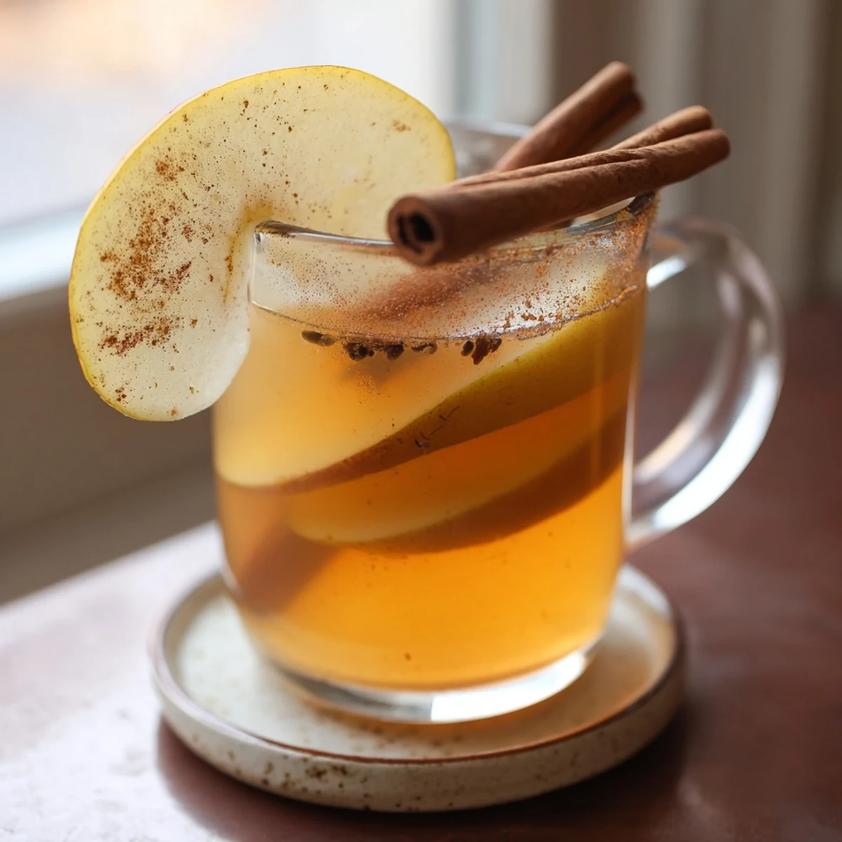 Steaming mugs of cinnamon pear cider garnished with fresh pear slices and cinnamon sticks on a wooden table