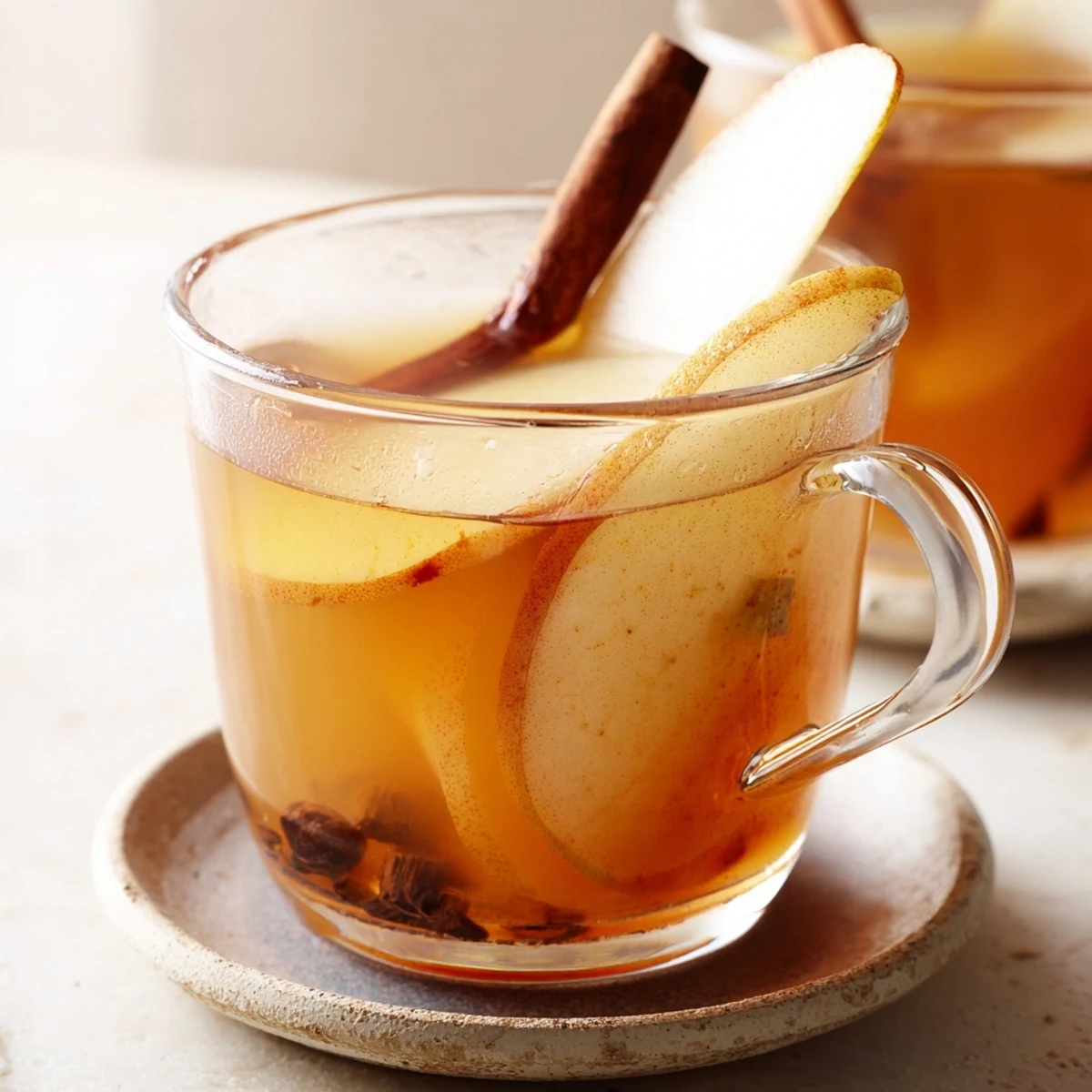 Warm cinnamon pear cider served in clear glass mugs with visible spice sediment and floating pear pieces