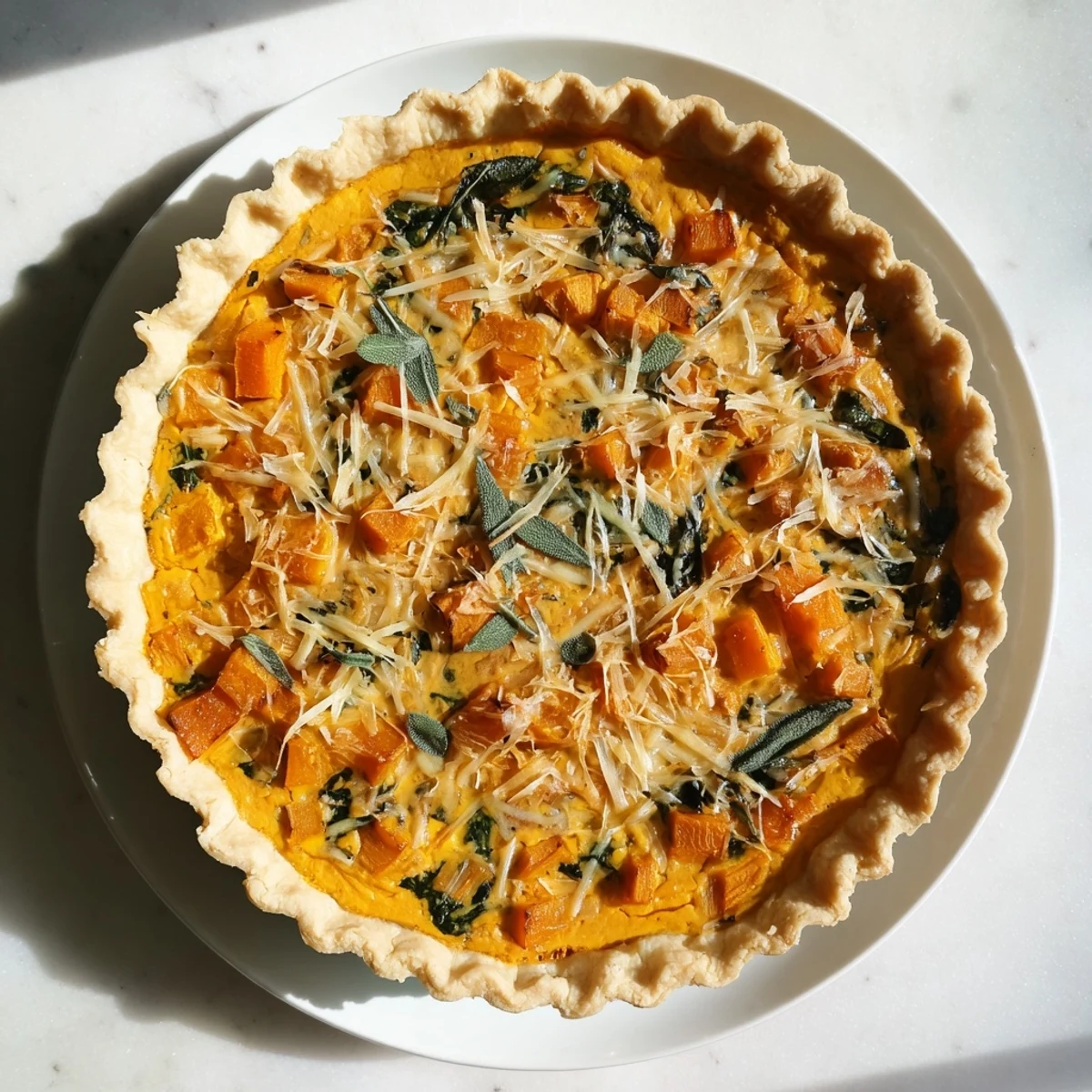 Golden brown Halloween pumpkin and butternut squash pie with a flaky crust, garnished with fresh sage leaves and roasted pumpkin seeds on a rustic wooden board