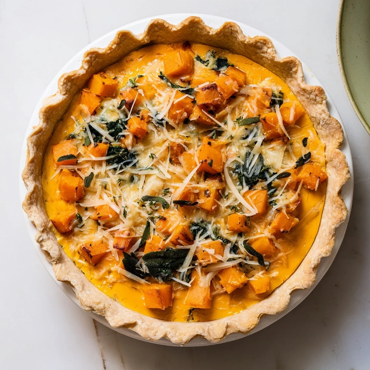 Savory slice of Halloween pumpkin and butternut squash pie revealing creamy orange filling with melted Gruyere cheese and tender roasted vegetables