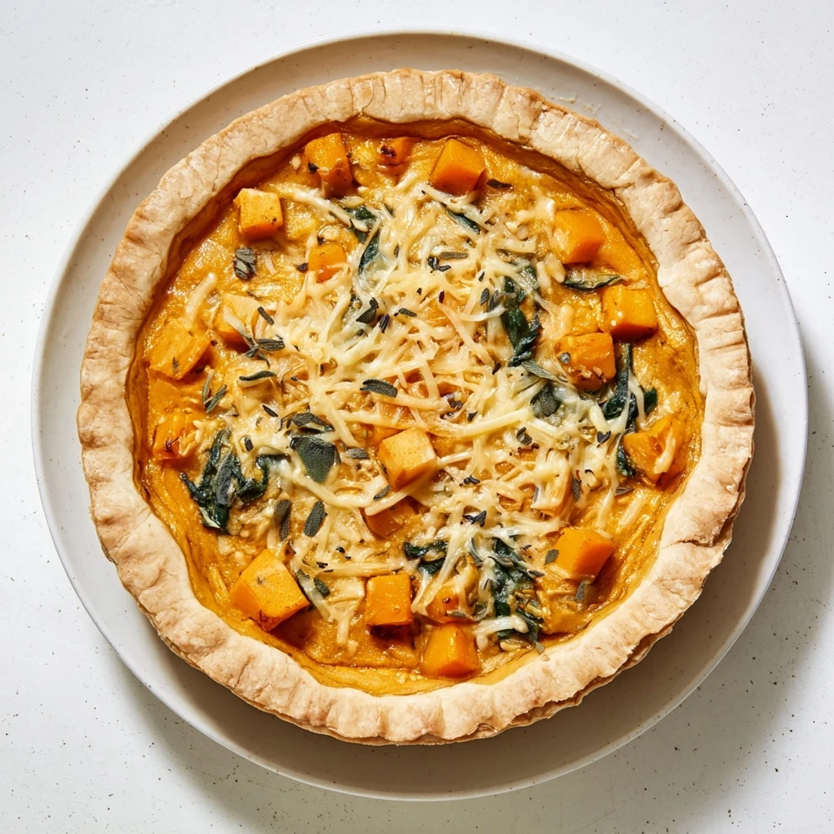Whole homemade Halloween pumpkin and butternut squash pie cooling on a wire rack, with golden edges and a perfectly set custard-like center