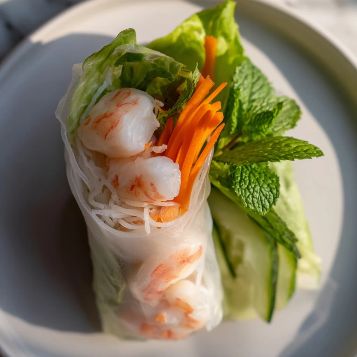 Golden translucent rice paper rolls filled with colorful julienned vegetables and pink shrimp alongside rich peanut dipping sauce