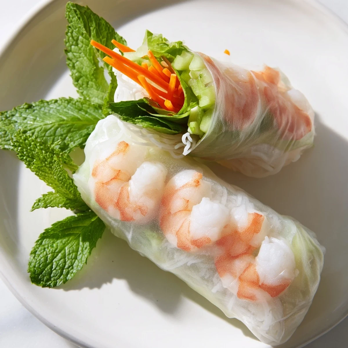Close-up of fresh spring rolls with peanut sauce showcasing crisp vegetables, fragrant herbs, and tender shrimp visible through wrapper