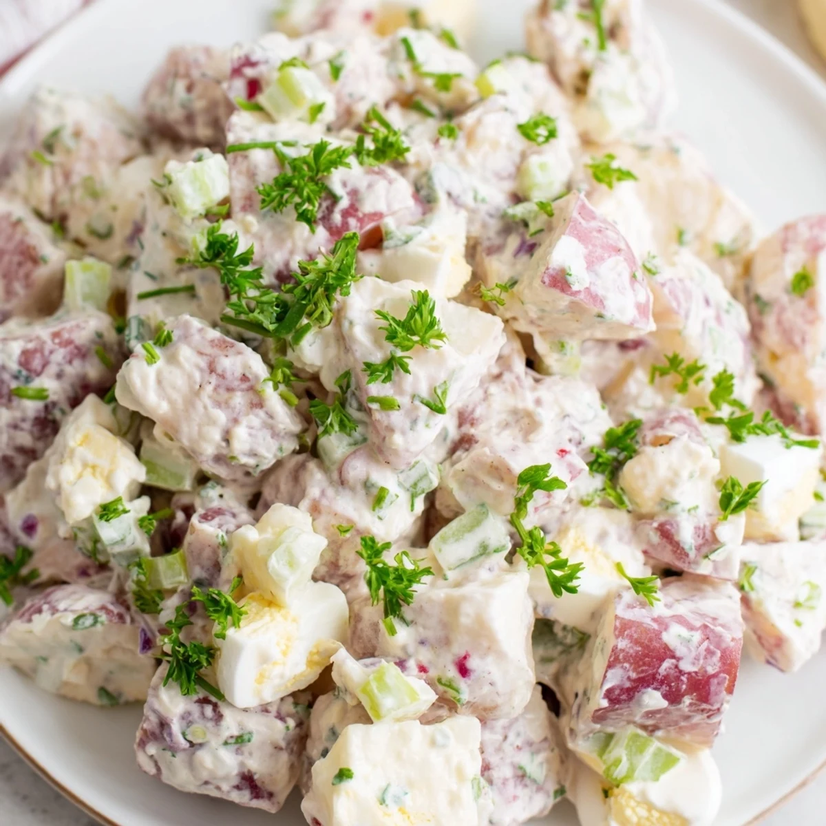Creamy red potato salad loaded with tender potatoes, crisp celery, and tangy dressing in a serving bowl