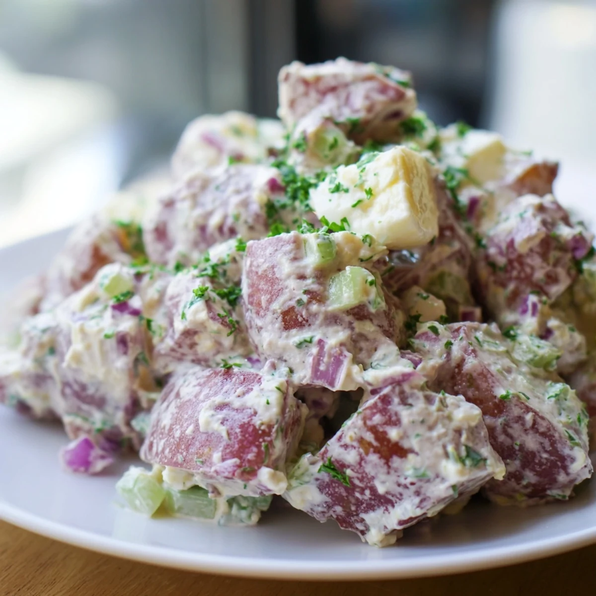 Vibrant red potato salad dotted with fresh parsley, red onion, and chopped hard-boiled eggs on a white plate