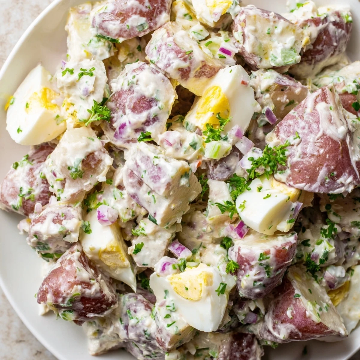 Classic American red potato salad featuring cubed red potatoes coated in a smooth mustard mayonnaise dressing
