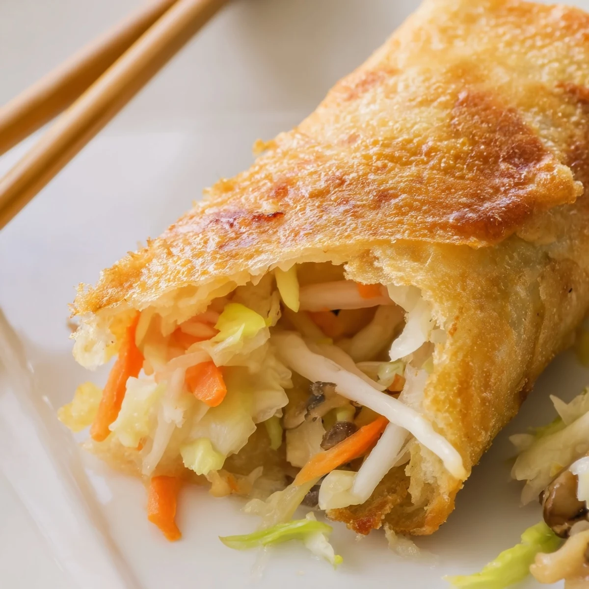Golden crispy rice paper spring rolls fried to perfection with savory vegetable filling on white plate