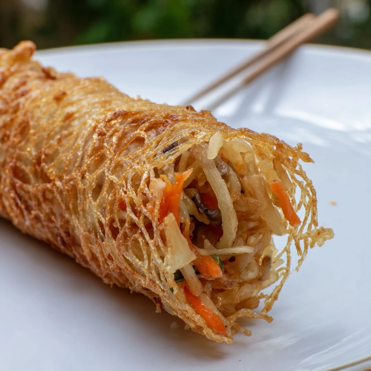 Plate of golden fried crispy rice paper spring rolls served with dipping sauce for appetizer