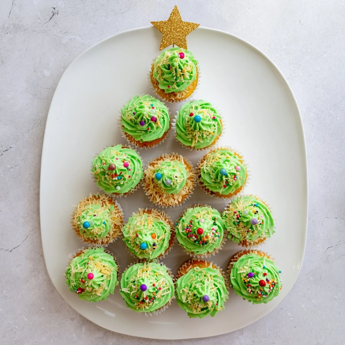 Festive cupcake Christmas tree decorated with green buttercream swirls and colorful sprinkles for holiday parties