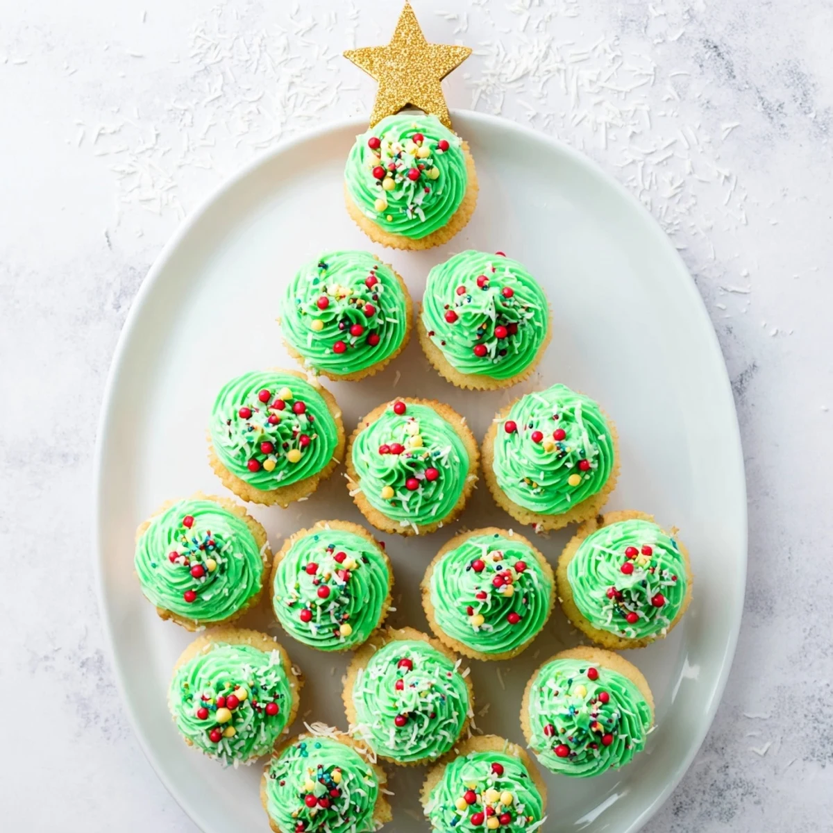 Tower of green-frosted cupcakes arranged in a Christmas tree shape with edible gold star topper