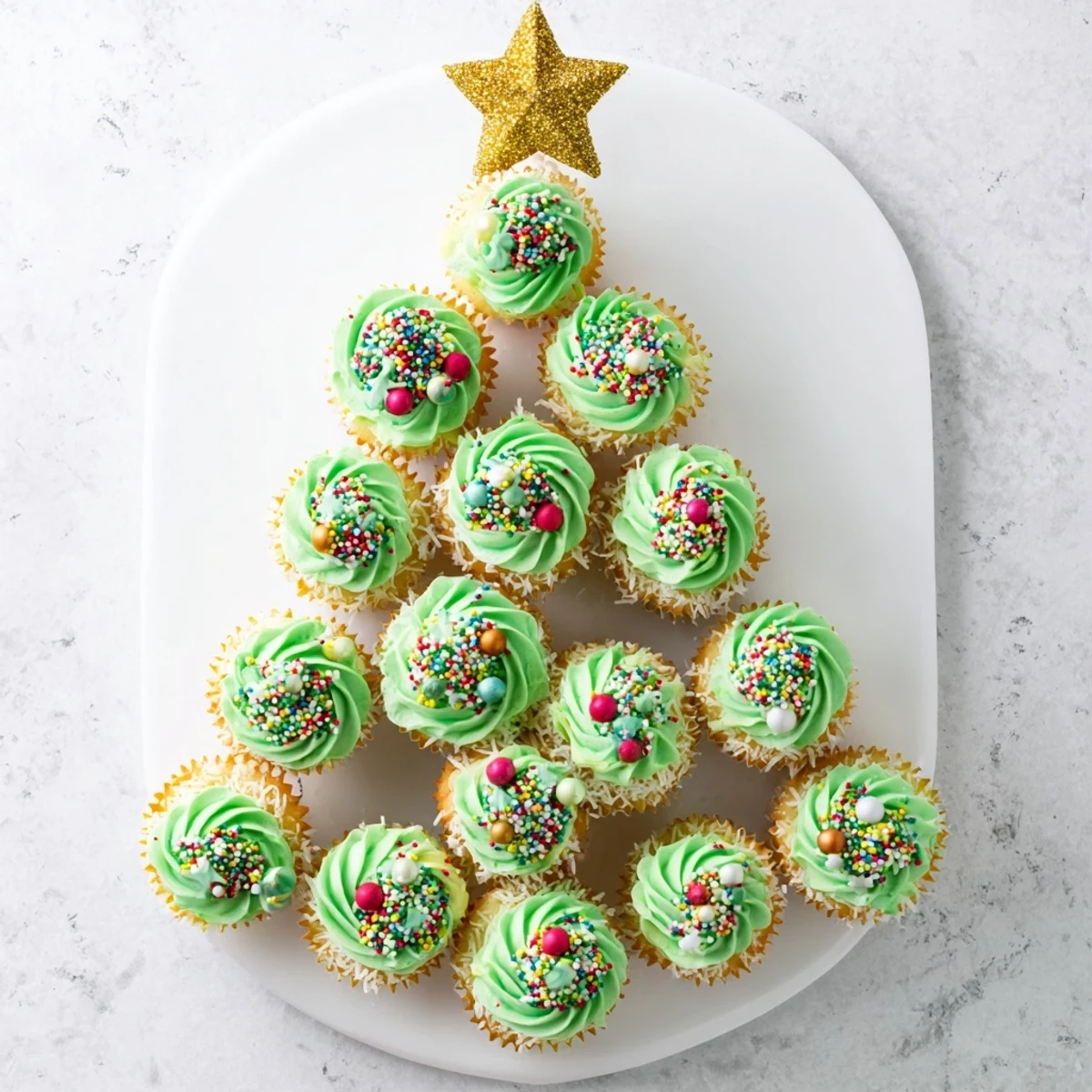 Holiday dessert display featuring cupcakes piped with green frosting and ornament sprinkles on a serving platter