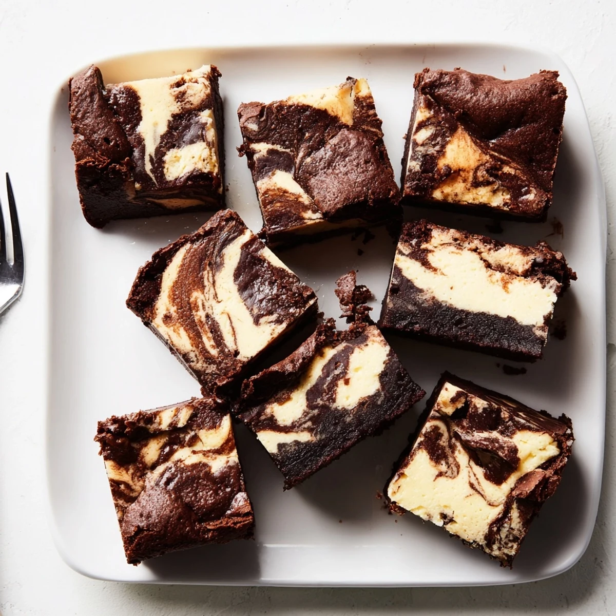 Decadent cheesecake swirled brownies featuring marbled cream cheese ribbons atop rich chocolate fudge