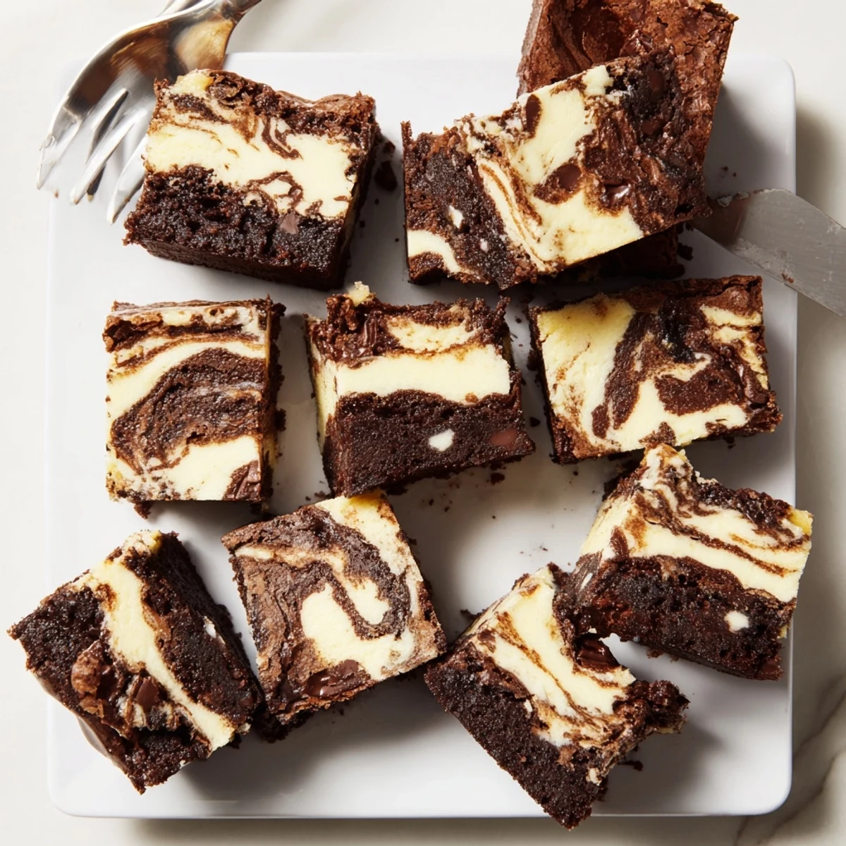 Freshly baked cheesecake swirled brownies cut into squares showing creamy vanilla marble patterns