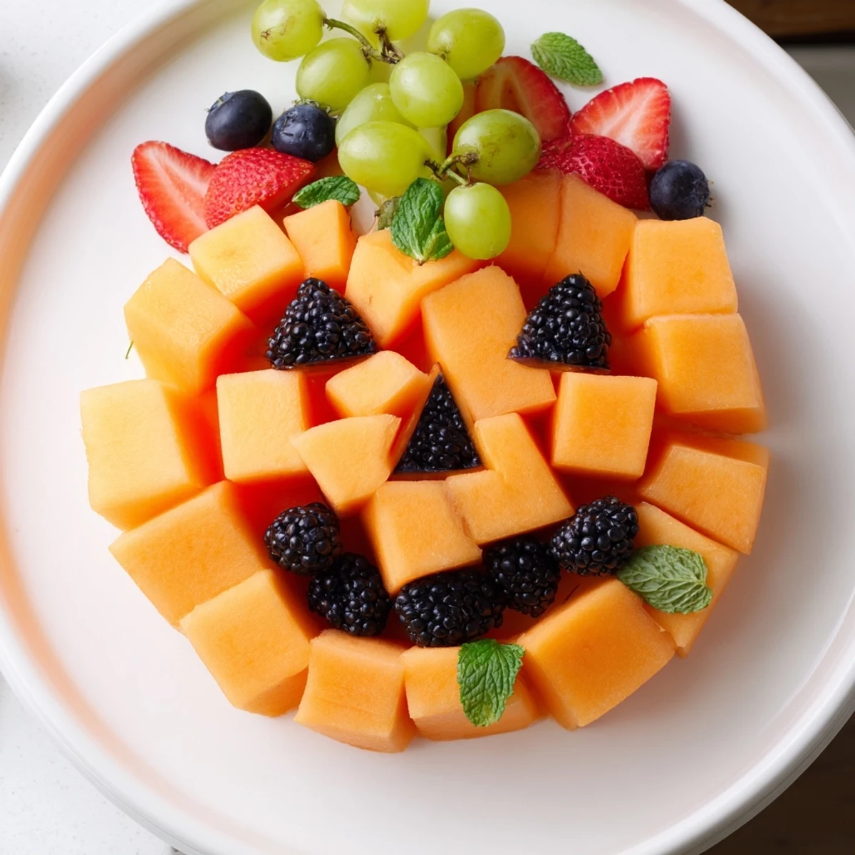 Festive pumpkin fruit tray Halloween platter arranged with cantaloupe, grapes, and berries on a round serving tray
