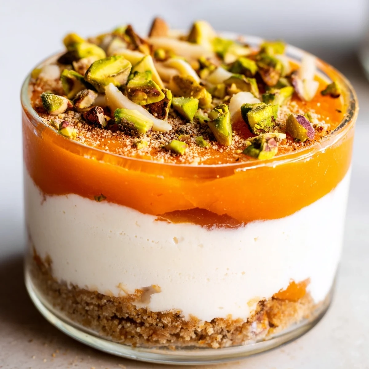 Dairy-free persimmon cheesecake in clear glasses topped with vibrant orange persimmon puree and crushed graham cracker crust