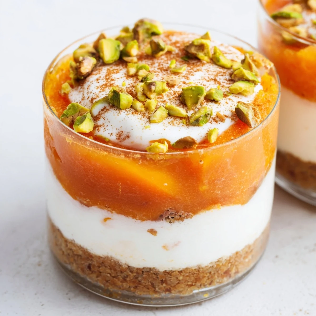 Vegan persimmon cheesecake dessert in glass with golden persimmon layer and crunchy biscuit base sprinkled with cinnamon