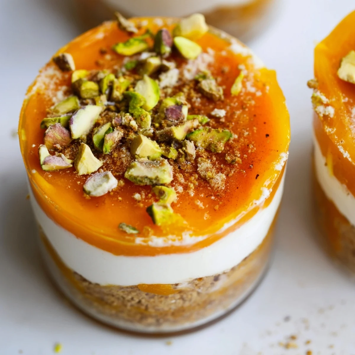 Creamy no-bake persimmon cheesecake layered in serving glasses with sweet persimmon topping and chopped pistachio garnish