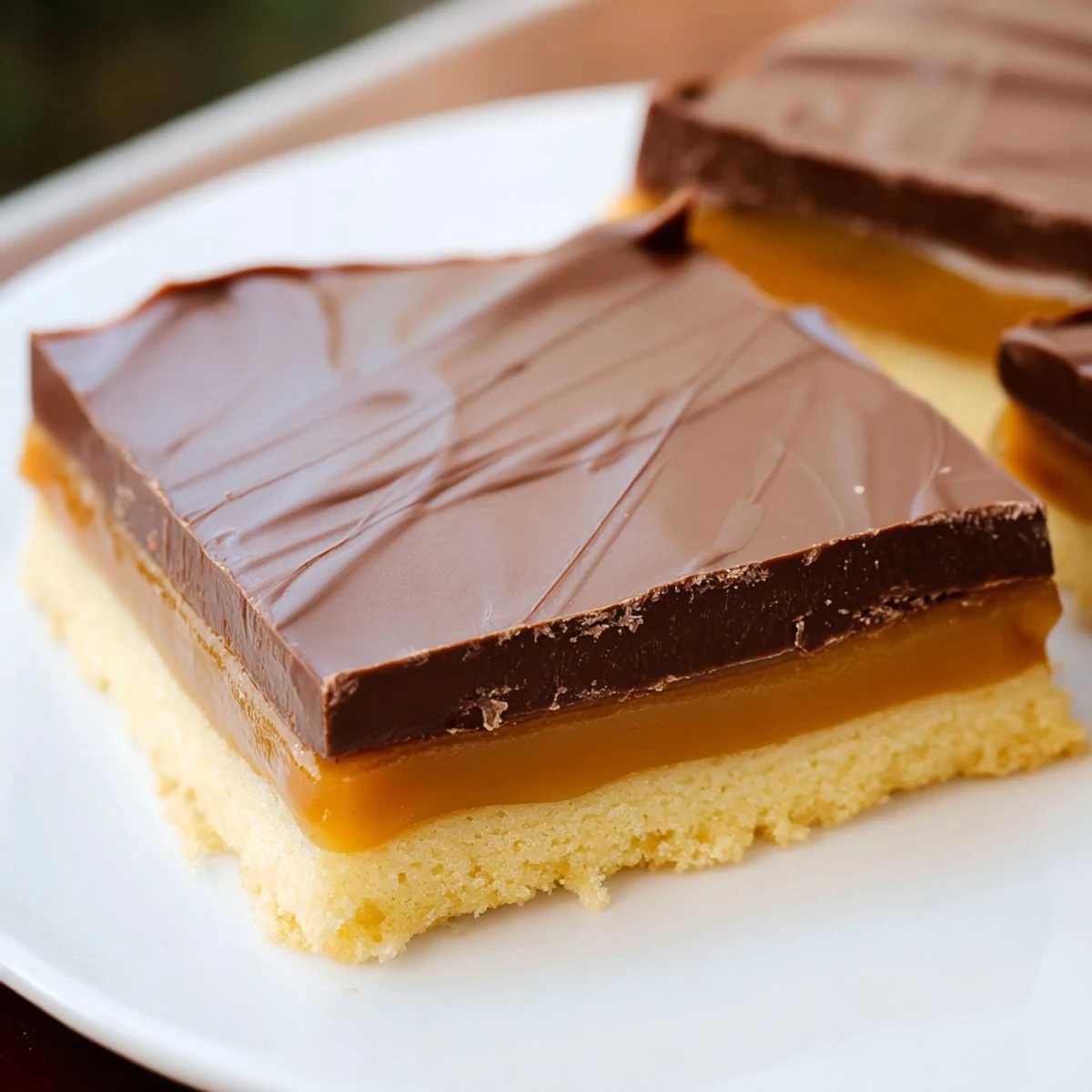 Homemade Twix bars showing three distinct layers of golden shortbread, gooey caramel, and glossy milk chocolate topping.