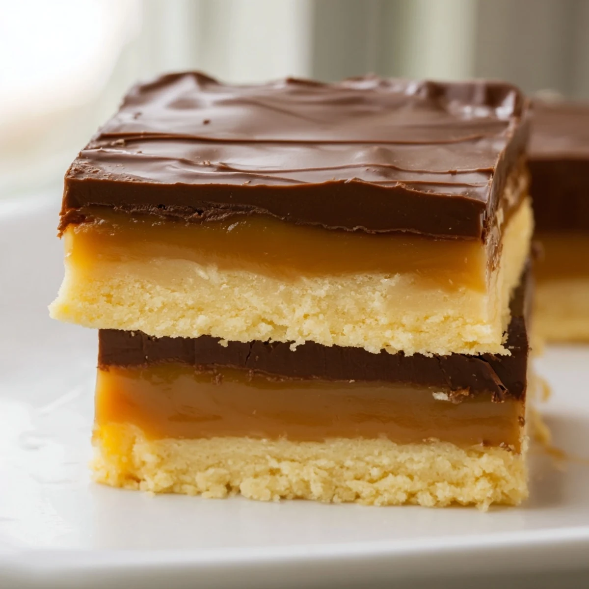 Freshly sliced Twix dessert bars arranged on a white serving plate, revealing the buttery shortbread base and thick caramel center.