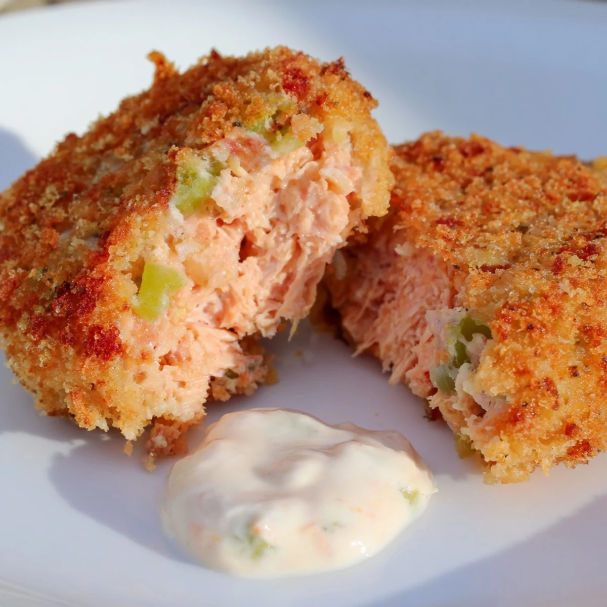 Golden brown Southern salmon croquettes served on a white plate with zesty remoulade dipping sauce